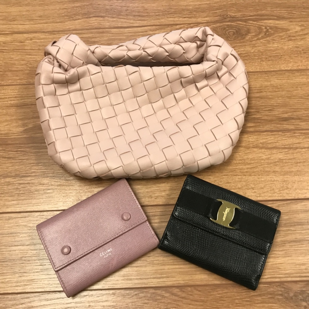 Celine tri-fold pink, Salvatore Ferragamo blk Bottega Style handbag bundle.